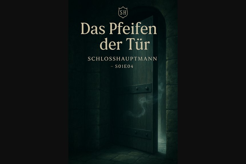 Ein Ton, der nur pfeift, wenn jemand zuhört. Cover Folge 4 „Das Pfeifen der Tür“ – schwere Holztür im Luftzug, kühler Gang, Datenlogger